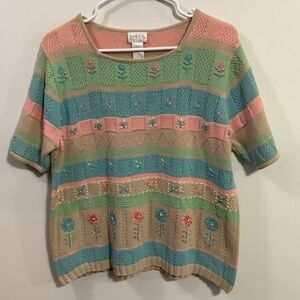 Korea Francisca embroidered sweater with flowers and alternate stitch squares